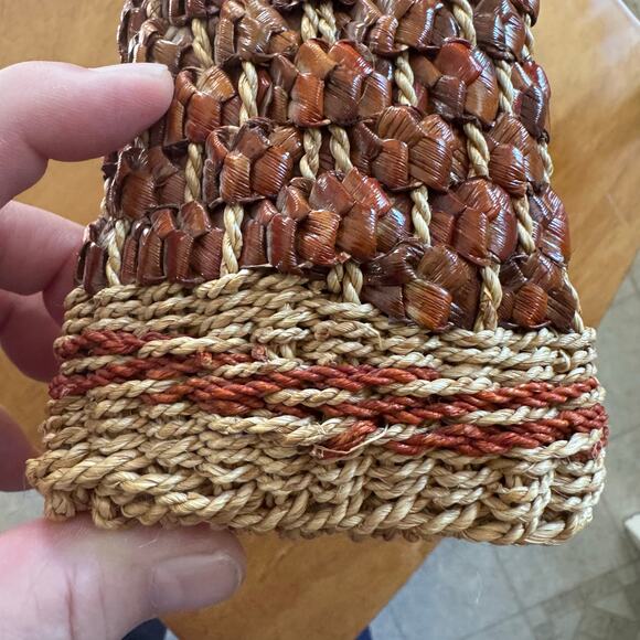 Vintage Boho Woven Wicker Handbag Purse Rust and Tan Grandma Core 8x10x3 Inch - Picture 5 of 12